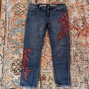 Anthropologie Blue Jeans with Burgundy Embroidery